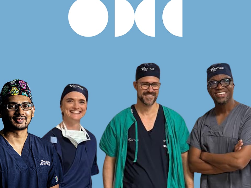 Four members of the Obesity Health Centre multidisciplinary team in scrubs, with the OHC mark.