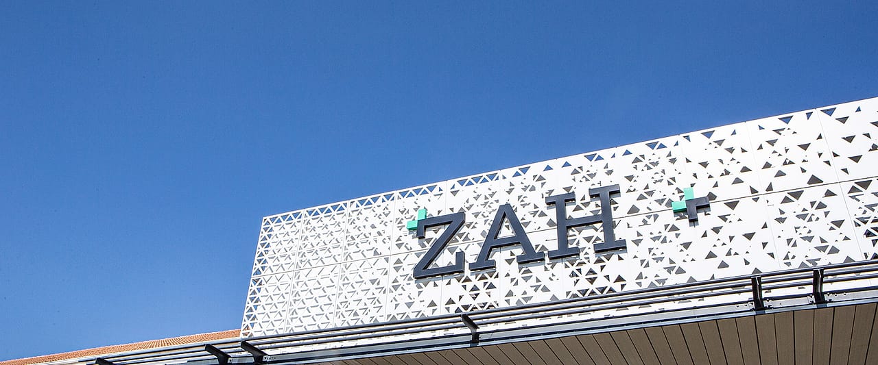 The patterned entrance canopy at Zuid-Afrikaans Hospital.